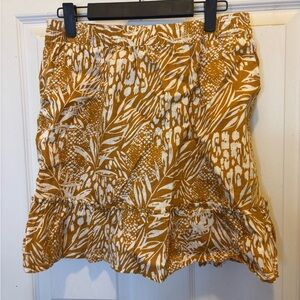 Christian Siriano Ochre and White Leaf Print 100% Linen Midi Skirt